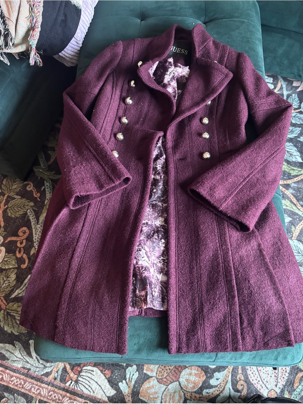 GUESS Women's Wine/Burgundy Double-Breasted Wool Pea Coat